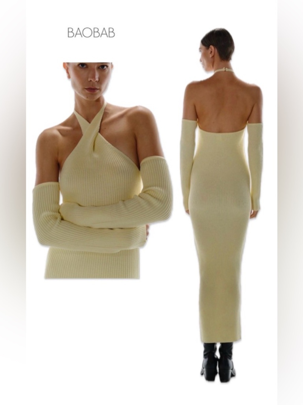 NWT [Baobab] Collection Kai Dress Twist Halter Ribbed Midi Viche Yellow Womens S - Picture 3 of 14